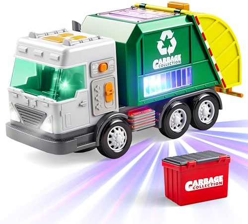 LED Garbage Truck Toy Set Includes Dumpster, Toy Truck with Mode Switch & Volume Control, Trash Vehicle with Lights and Sounds, Automatic Bump, Easter Basket Stuffers Birthday Gift for Boys Girls