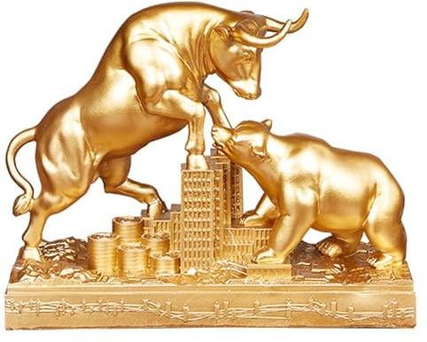 WJUHYGTF Wall Street Bulle Und Bär Figuren Harz Statue, Deko Figur Für Buro Deko Börsenliebhaber Bull Bear Schlacht Harz Statue,Gold