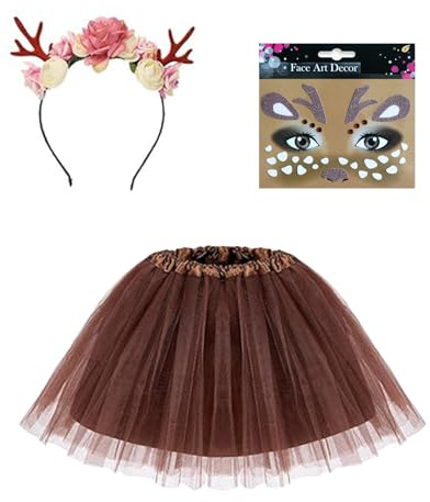 Lufdegim Reh Kostüm Damen, Reh Haarreif Damen Karneval Rentier Kostüm Tüllrock Gesicht Tattoos, Rentier Kostüm Reh Geweih Haarreif Damen für Karneval Weihnachten Halloween Geburtstag Cosplay Zubehör