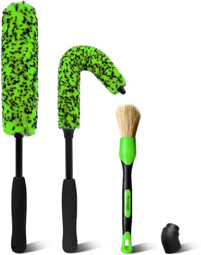 YeewayVeh 3PCS Quick Car Wheel Brush Kit, 2-Size 360° Bendale Alloy Wheel Brush, Boars hair Detailing Brushes, Fast Scratch-Free Cleaning for Car Wheels, Motorcycle, Green