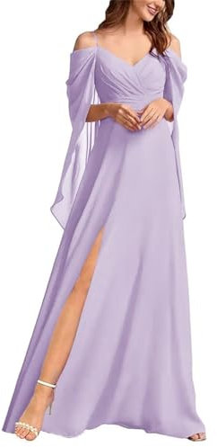 Vestido de dama de honor con hombros descubiertos para mujer, con abertura, plisado, de gasa, cuello en V, vestido formal de dama de honor, Lila, 40
