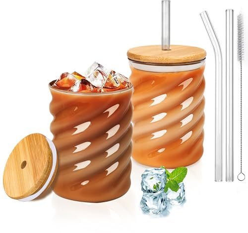 SILRIVES Macchiato - Lot de 4 verres à café glacé - Passe au lave-vaisselle - Verres à bulle de 350 ml - Verres à long drink (2, transparents avec couvercle) de 350 ml