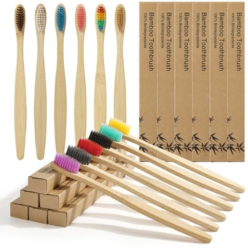 Vicloon Bamboo Toothbrushes for Adults, 12 Pack Eco Friendly Natural Wooden Toothbrush, Organic Biodegradable Handle BPA Free Tooth Brushes with Soft Bristles
