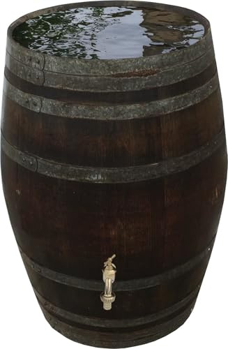 Fassl Baron Regentonne gebrauchtes Weinfass Holzfass Regenfass Barriquefass Eiche 225 Liter Wasserfass Tonne Bottich Fass (mit Naturöl versiegelt, Messinghahn 3/4 Zoll)