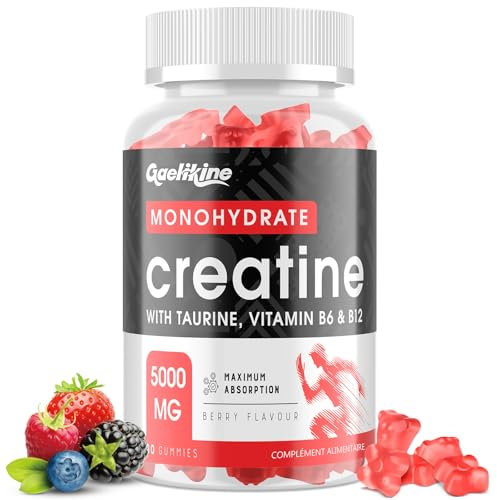 Bonbons Gélifiés à la Créatine Monohydrate 5000mg, Créatine à Haute Dose avec Taurine, Vitamines B12 et B6, Alternative aux Capsules et Poudres de Créatine, Végétalien, 60 Unité (Lot de 1)