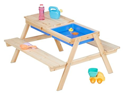 Relaxdays Picknickbord för barn, trädgårdsbänk för barn, sand- och vattenlek, HWD: 50 x 89 x 86 cm, utomhusmöbler, brun, plast, trä