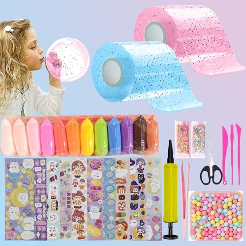 30 Piezas Nano Tape,2 Tape (5 cm x 3 m) + 28 Paquetes De Material De Lujo,con Arcilla, Perlas, Pegatinas Kawaii,Nano Craft Regalos para Niños Niñas(Rosa + Azul)