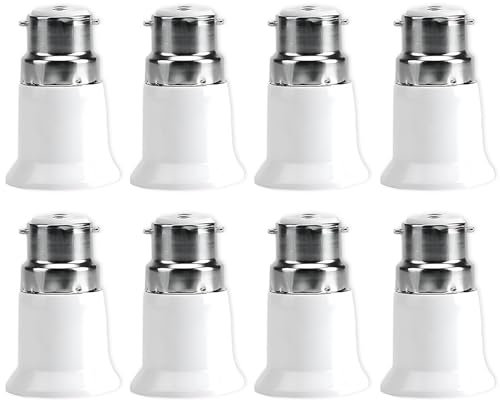8Pcs B22 to E27 Adapter, Bayonet to Screw Bulb Adaptor, Bc to Es Lamp Base Adapter, Socket Converter for Led, Incandescent and Bulbs (white)