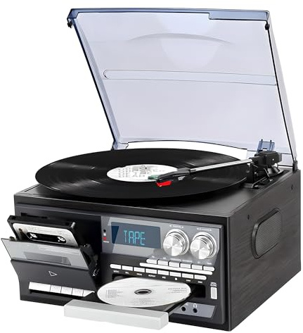 Giradischi Bluetooth, giradischi in vinile a 3 velocità con altoparlanti integrati, lettore CD e cassette, copertura antipolvere per gli amanti della musica domestica e vintage