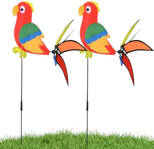 Girouettes De Jardin Décoratives - Moulin À Vent en PVC avec Forme De Perroquet | Moulin À Vent Coloré pour Extérieur, Terrasse, Ou Fêtes avec Tuteur Métallique