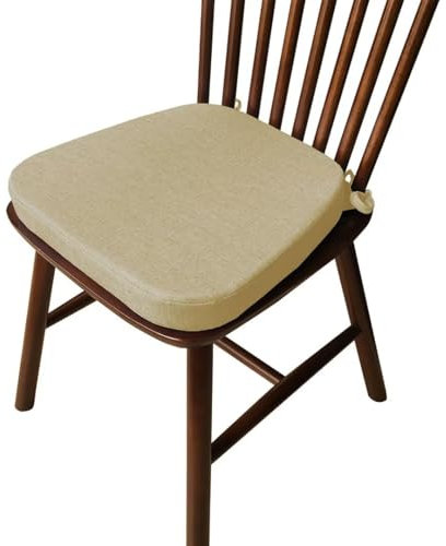 2-Pack Non-Slip Memory Foam Chair Cushions - Thick Linen Seat Pads with Ties for Dining Room, Kitchen & Home - Comfortable Beige Upholstered Pads