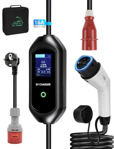SUPAREE Cavo di Ricarica Auto Tipo 2 10M Cavo Ricarica Auto CEE Caricatore Auto Elettrica 11 KW Trifase con Timer di Ritardo Adattatore CEE-Schuko Corrente Regolabile 6-16A per EV PHEV