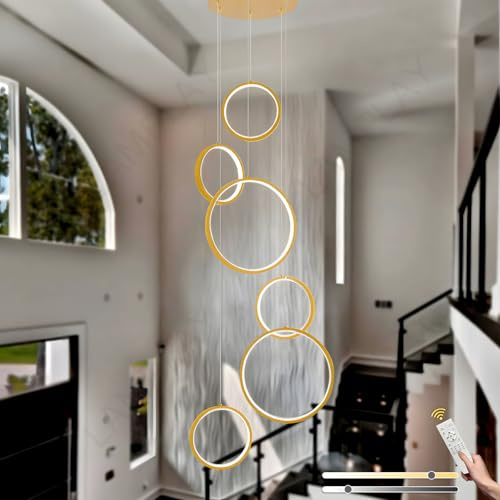 LAMPLAY LED-Kronleuchter Für Lange Treppen, Hoher Decke Mit 6 Golden Ringen Lampe, DIY-Höhenverstellbare Pendelleuchte Für Den Eingangsbereich, Dimmbar Mit Fernbedienung 3000K-6000K