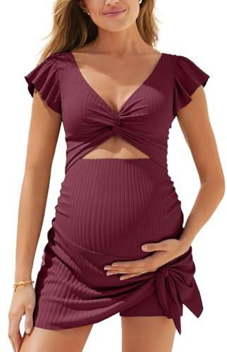 Summer Mae Ribbed Maternity One Piece Swimsuit Dress Cutout Bathing Suit with Built-in Pocket Short Swimwear Tie Knot Skirt Deep Burgundy Red 6-8