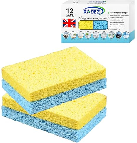 Radez 12 Pack Natural Cellulose Sponge & Non-Scratch Washing Up Sponges Highly Absorbent Multipurpose Kitchen Surface for Dishes, Cookware, Bathroom& Household Cleaning Uk Brand