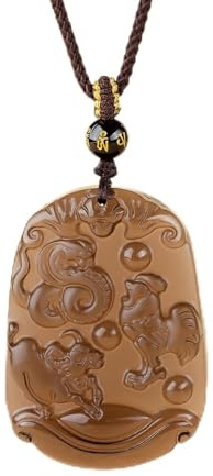 Tingyilan Collier pendentif amulette en obsidienne naturelle Feng Shui, gravure des 12 signes du zodiaque chinois, amulette horoscope en pierre précieuse avec signe animal