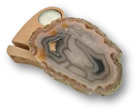 Achat Naturscheibe mit Holzsockel, Dekorative Teelichthalter Set, Stimmungsvolle Beleuchtung für Wohnzimmer, Geschenkidee und Ritualobjekt (N-10-18)