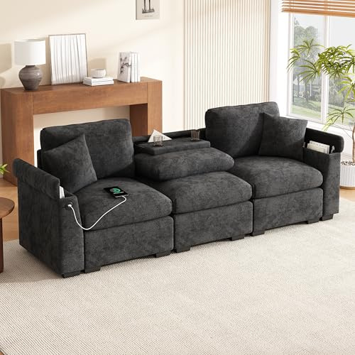 GULFXDS Divano 3 Posti, Divani Moderno Divano Tre Posti in Ciniglia, Divano in Tessuto con Cuscino, Tavolo Pieghevole e Porta USB, Adatto per Soggiorno/Camera Da Letto/Appartamento (Grigio)