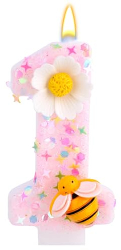 Rosa Kerze zum 1. Geburtstag, Weiß Blumen-Bienen-Zahlenkerze Süße Tortendekoration für Frauen und Mädchen zum Geburtstag Oder Jahrestag