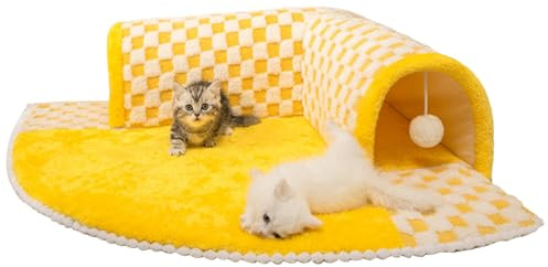 Cuccia Gatti,Area Giochi Morbida Antiscivolo con Nascondiglio per Animali Domestici - Tunnel Tana con Gioco Cucù,Adatto a Cuccioli e Conigli Dormire Riposare e Giocare