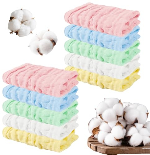 10 Pack Muslin Cloths for Baby, 12x12 Inch Muslin Squares Baby Wash Cloth | 6 Layers Cotton Washcloths Reusable, Baby Essentials for Newborns Babies and Toddlers, Multicolor