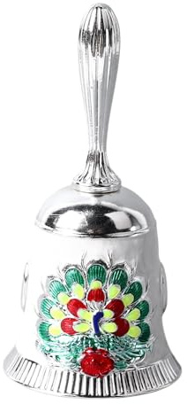 Handklocka Vintage Mässing Antik Utsökt snidat mönster Hand Ring Bell HandKlocka till middag Bröllopsfest Familjeskola (Silver with Colorful White)