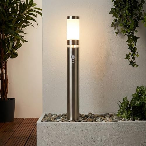 Lightbox Wegelampe Edelstahl 77,5 cm, Bewegungsmelder, IP44 Leuchte | Wetterfeste Gartenleuchte mit LED-Orientierungsring, E27, ideal für sichere Gartenwege