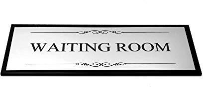 OriginDesigned Waiting Room Door Sign, Adhesive Plaque, Stylish Metallic Silver and Black - Acrylic (Size 19.5cm x 7.6cm) supplied with adhesive strips
