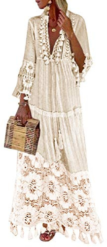 Minetom Robe Maxi Longue Femme Élégant Robe de Soiree Party Plage Boho Grande Taille Floral Dentelle Col V Manches 3/4 Sundress Blanc 42