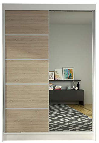 Mirjan24 Kleiderschrank Lino III, Frontspiegel, Schlafzimmerschrank, Garderobenschrank, Dielenschrank, Schiebetürenschrank, Flurschrank (Weiß/Sonoma Eiche + Spiegel, ohne Beleuchtung)