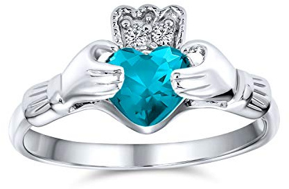 BFF Celtic Irish Friendship Promise AAA CZ Simulated London Blue Topaz Hands & Heart Claddagh Ring For Women Teens .925 Sterling Silver