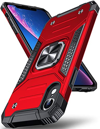 DASFOND Armor Hülle für iPhone XR Case mit Kameraschutz Militär Stoßfest Handyhülle [Upgrade 2.0] 360 Grad Metal Ring Halter Ständer Schutzhülle [für Handyhalterung Auto Magnet], 6,1 Zoll, Rot