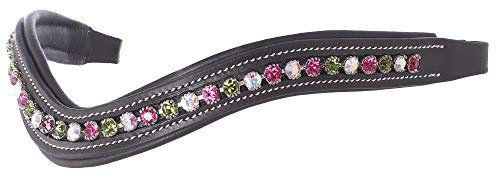 ExionPro gebogenes, gepolstertes Bling-Kristall-Stirnband aus Leder für Pferdezaumzeug | Mit Diamanten verzierte englische Bling-Stirnbänder für die Dressur | Bling – Fuchsia, Aurore Boreale, Olivin