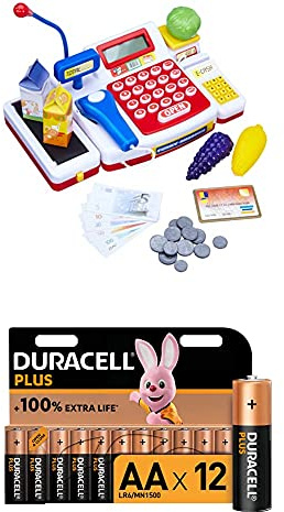 Simba 104525700 - Supermarktkasse mit Scanner Kinderspiel + Duracell Plus AA Alkaline-Batterien, 12er Pack