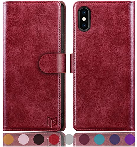 SUANPOT [RFID Schutz] für iPhone X/XS 5,8-Zoll hülle PU Leder handyhülle Lederhülle klapphülle Kartenfach Flip Phone Case Cover für iPhone X/XS handyhülle Rot