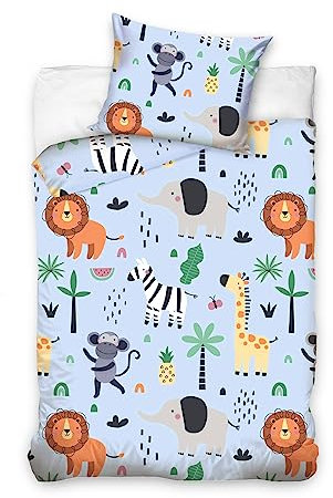 Kinder Bettwäsche 100x135 aus 100% Baumwolle mit Tieren - Kinderbettwäsche und Baby Bettwäsche Set Junge Kleinkinder - bei 60 Grad waschbar - in blau (100 x 135 und 40 x 60)