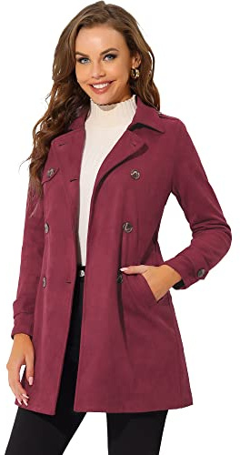 Allegra K Women's Trench Coat Double Breasted Faux Suede Winter Jacket with Belt Deep Red M