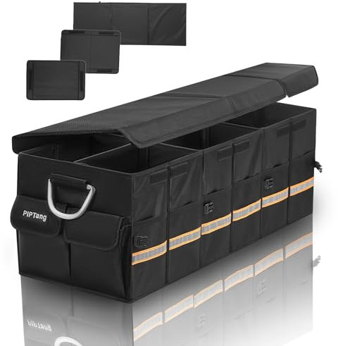 PIPTang 90cm 100L XL Grande Organizador Maletero Coche Grande, Viaje Caja Almacenamiento Organizador Coche,Resistente,Plegable,Multicompartimento, Esenciales Para Coche Negro (XL 35,4X13,8X11,8in)