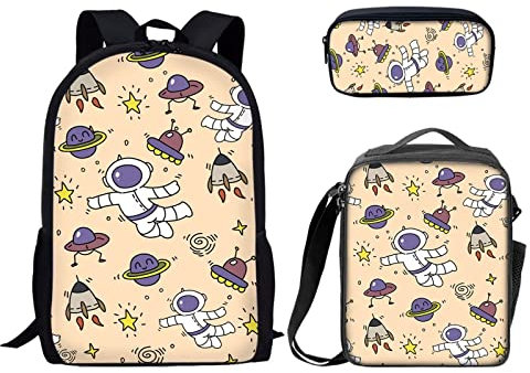 Binienty Modischer Rucksack Teen Jungen Mädchen Schulbuch Tasche mit Lunchbox Stifteetui 3 in 1, Astronaut Raumschiff-2, Einheitsgröße