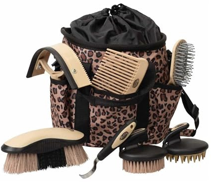 Weaver Equine Horse Grooming Kit, 7-Piece Horse Brush Set with Organizer Tote Bag, Hoof Pick, Comb, Sweat Scraper, Equine Tools for Daily Grooming, Leopard