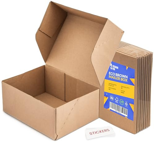 Packaging Hero 10 x 8 x 4 Corrugated Cardboard Mailing Boxes, shipping boxes, gift boxes, e-commerce boxes with free clear round stickers (Pack of 10)