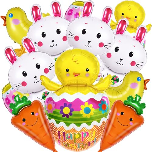 ASTARON 12 Piezas Decoración de Globos de Pascua, Globos de Conejo de Pascua Globos de Pollito de Zanahoria para Decoraciones de Pascua Globos de Papel de Pascua Feliz Globos de Papel de Pollo