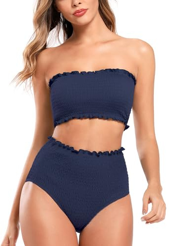 SHEKINI Women's Bandeau Bikini Set High Waisted Swimsuit Tummy Control | Strapless, Padded, Two Pieces, Bathing Suits