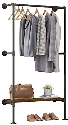 WOLTU Appendiabiti Industriale, Guardaroba Aperto da Parete con Ripiano in Legno, Cabina Armadio Componibile in Tubi d’Acciaio, Nero + Marrone Vintage