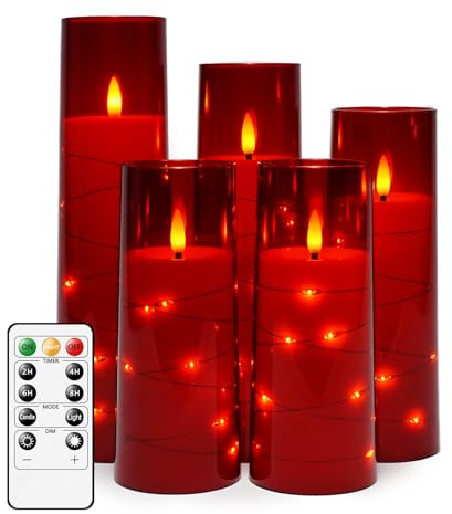 kakoya Flameless LED Candles with Timer 5 Pc Flickering Flameless Candles for Romantic Ambiance and Home Decoration Stable Acrylic Shell,with Embedded Star String，Battery Operated Candles（Red）