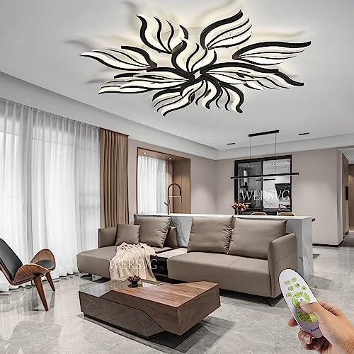 WERSVG Modern LED Deckenlampe Wohnzimmerlampe Kreatives Schwarze 12-flammig Deckenleuchte Dimmbar 3500K-6500K Mit Fernbedienung, für Wohnzimmer Schlafzimmer Küche Esszimmer flurlampe 105cm,115W