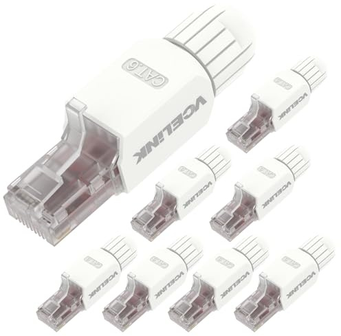 VCELINK Cat6 Conector RJ45 sin Herramientas Reutilizable, 1000 Mbps /250 MHz, UTP Clavija RJ45 Chapado en Oro, Compatible con Router, Switch, Módem, Ordenador, Blanco, 8 Unidades