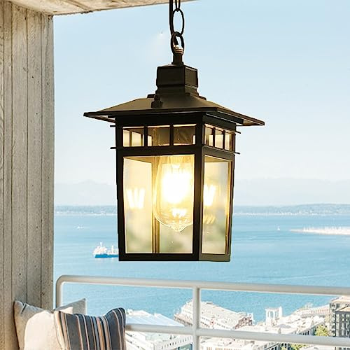 Deckenleuchte Hängelampe Aussen Pendelleuchte Schwarz Vintage Industrie E27 Innen Metall Hängeleuchte Wasserdichte IP23 Aluminium Glas Outdoor Retro Pendellampe Lampenschirm Laterne für Garten