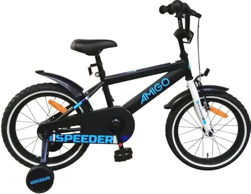 AMIGO Speeder - Kinderfahrrad - 16 Zoll - mit Handbremse, Rücktritt, Lenkerpolster und Stützräder - ab 5-6 Jahre Schwarz/Blau