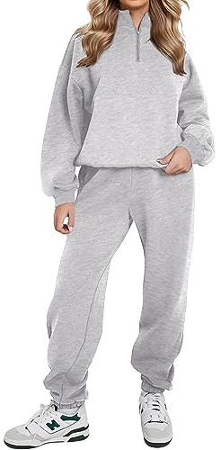 REORIA Damen Weich Baumwolle Hausanzug Dick Freizeitanzug Warm Trainingsanzug Jogginganzug Set halbem Reißverschluss Tracksuits mit Fleece-Futter